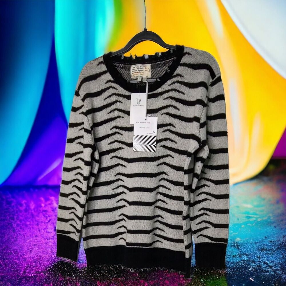 Designer Zebra Fringed Cashmere Wool Blend Free People Sandrine Rose SM Sweater